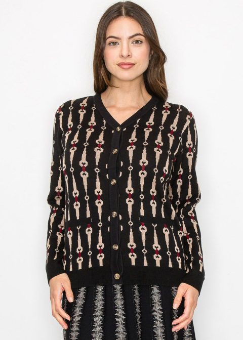 Black Cardigan with Bold Geometric Print 7832923078716