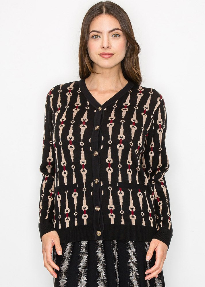 Black Cardigan with Bold Geometric Print 7832923078716