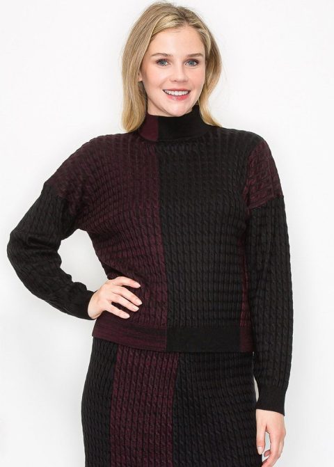 Burgundy and Black Colorblock Cable Knit Sweater 7832926650428