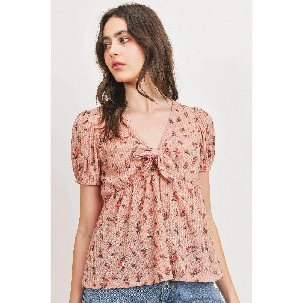 Front Tie Floral Waffle Top 7805708304444