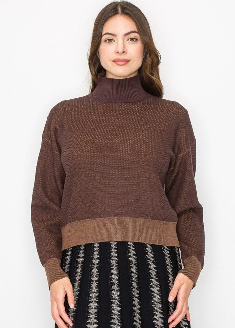 Textured Brown High Neck Sweater 7832926453820