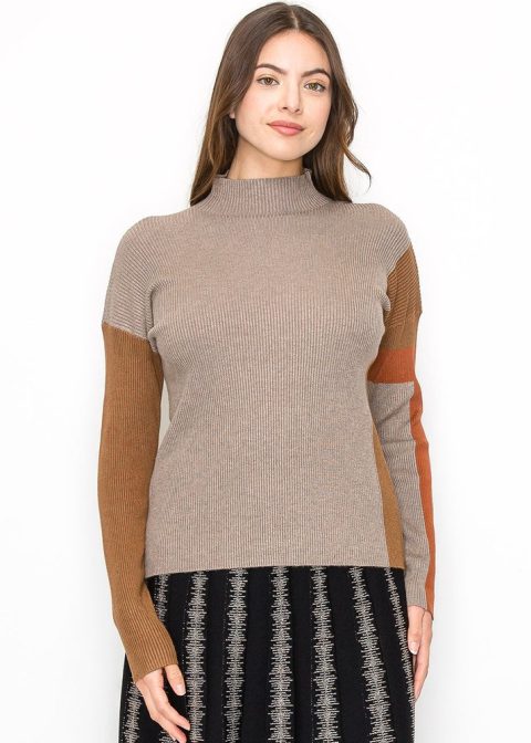 Taupe Ribbed Sweater with Warm Accents 7832923635772