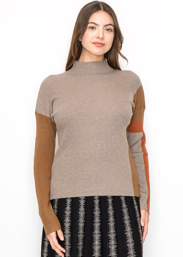 Taupe Ribbed Sweater with Warm Accents 7832923635772