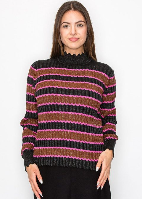 Shimmer Stripe Sweater with Scalloped Trim 7832927207484