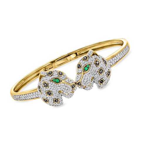 Ross-Simons White and Black Diamond Leopard Cuff Bracelet With Emerald Accents in 18kt Gold Over Sterling 7805791469628