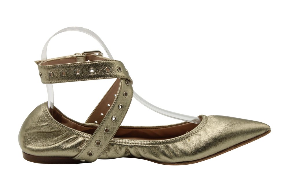 Valentino Golden Point-Toe Ballet Flats with Gromets in Gold Leather 7703695917116