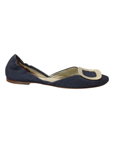Roger Vivier Chip Buckle D’orsay Flats in Navy Blue Denim 7703696769084