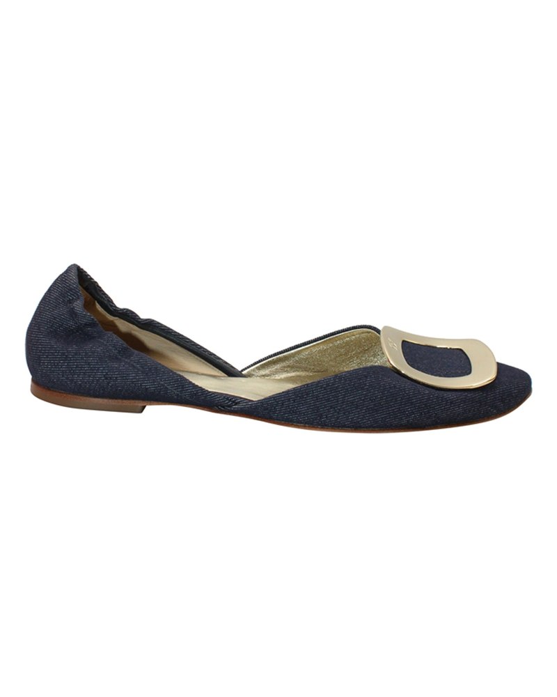 Roger Vivier Chip Buckle D’orsay Flats in Navy Blue Denim 7703696769084