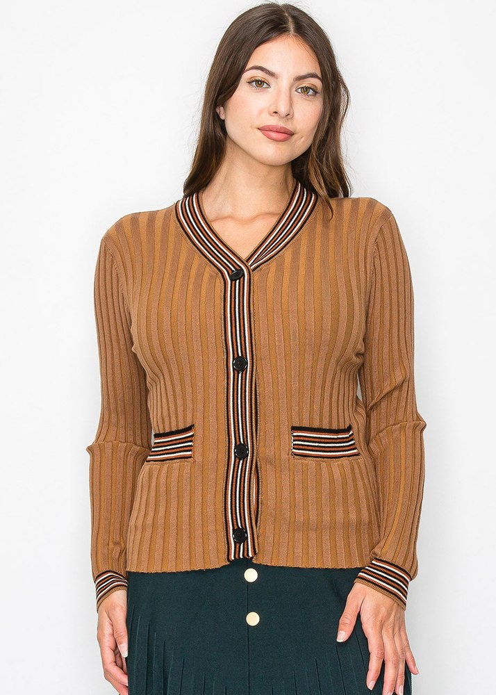Ribbed Camel Cardigan with Striped Details 7832927830076