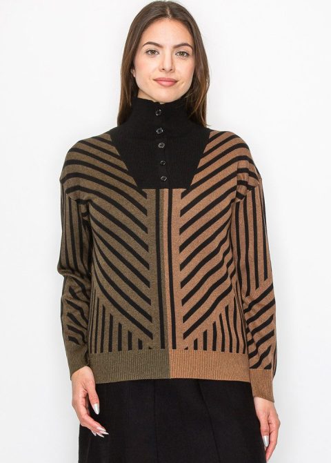 Camel & Black Sweater with Artistic Stripes 7832927961148