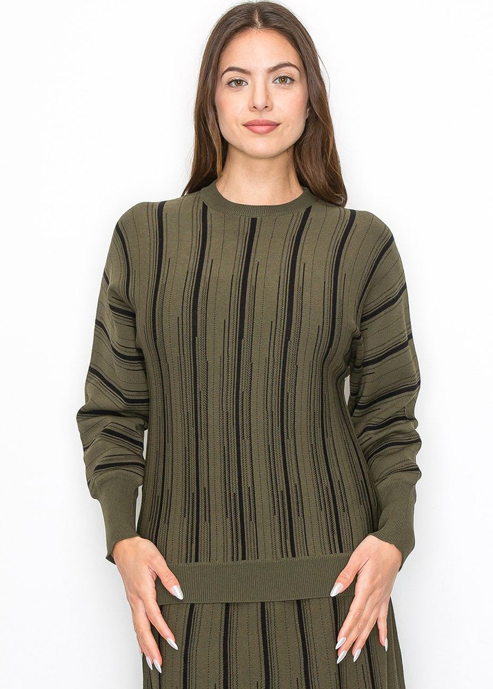 Olive Knit Sweater with Vertical Stripes 7832928354364