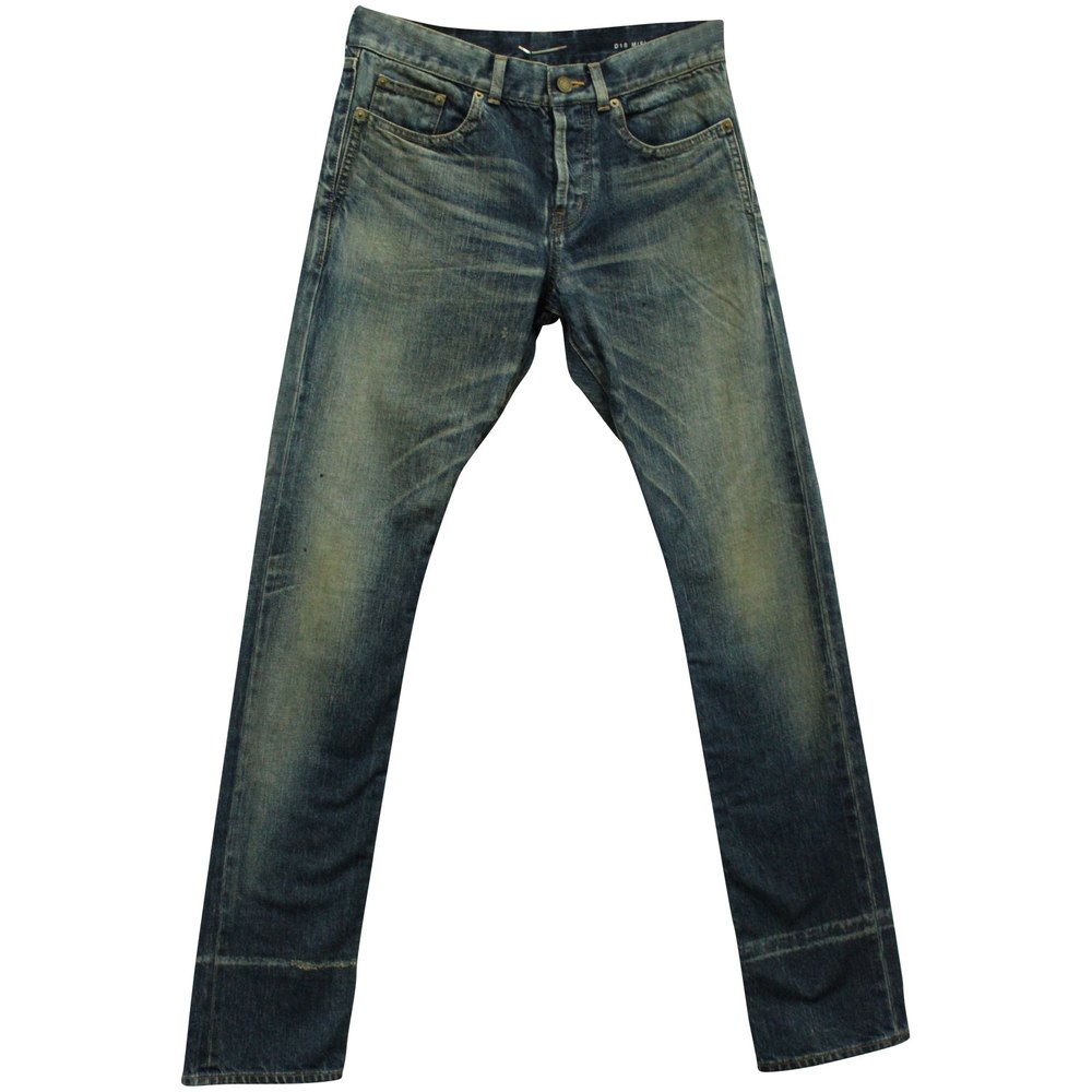 Saint Laurent Distressed Straight Leg Jeans in Blue Cotton Denim 7703697719356