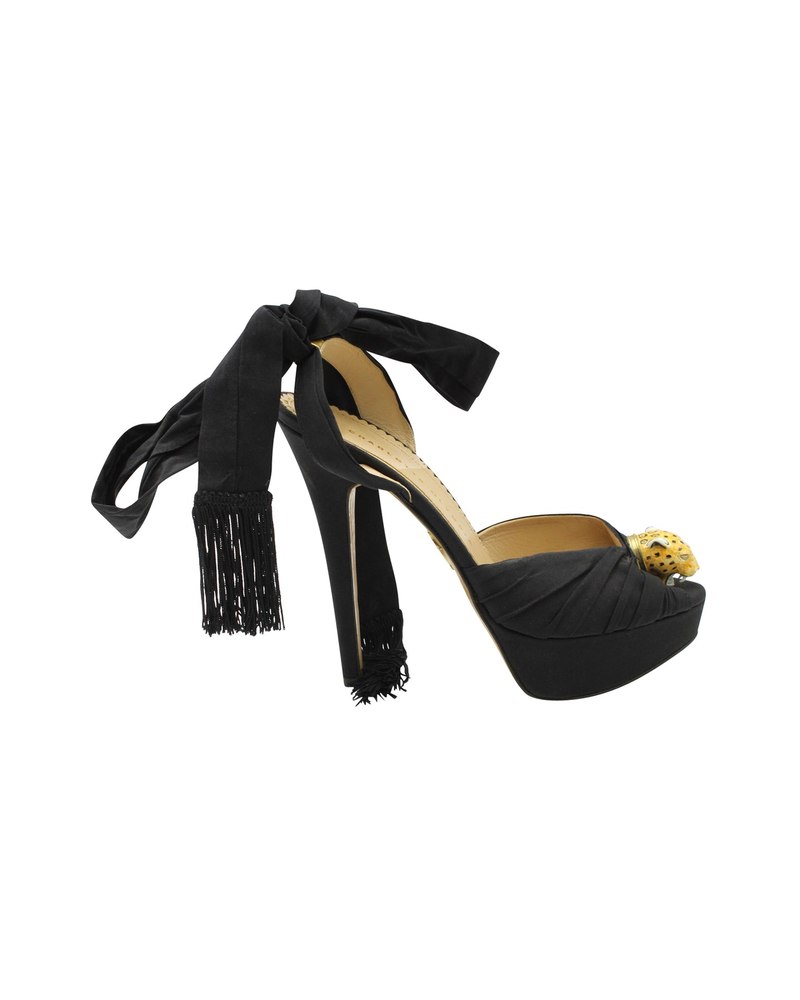 Charlotte Olympia Bruce Enamel Leopard Platform Sandals in Black Satin 7703697686588
