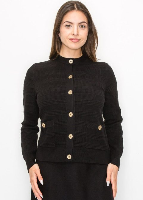 Buttoned Black Knit Cardigan with Pockets 7832928911420