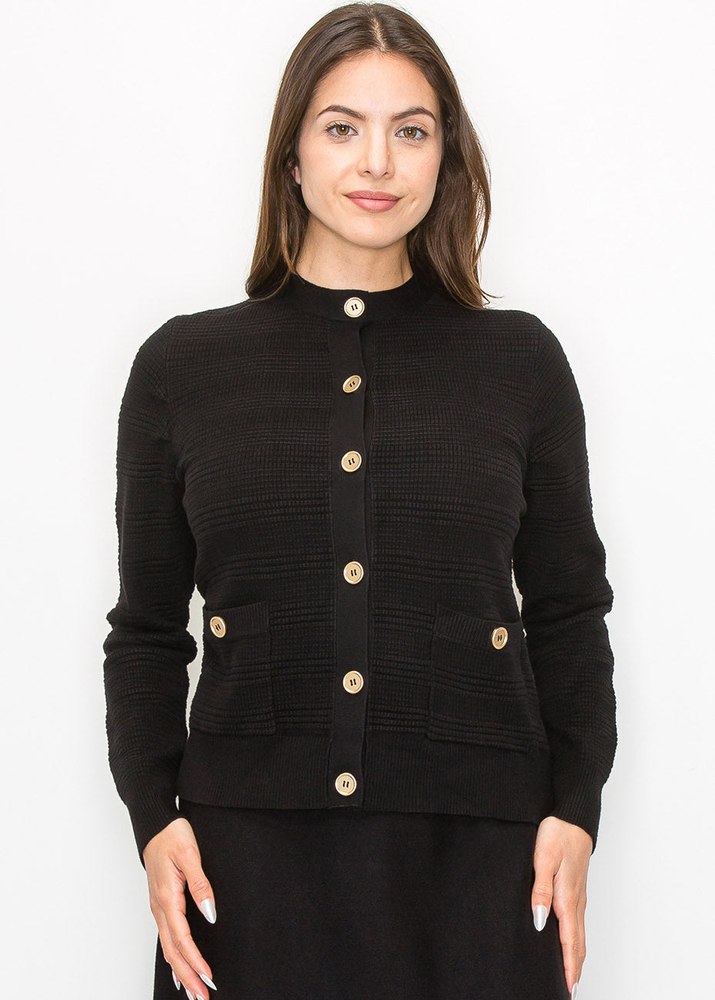 Buttoned Black Knit Cardigan with Pockets 7832928911420