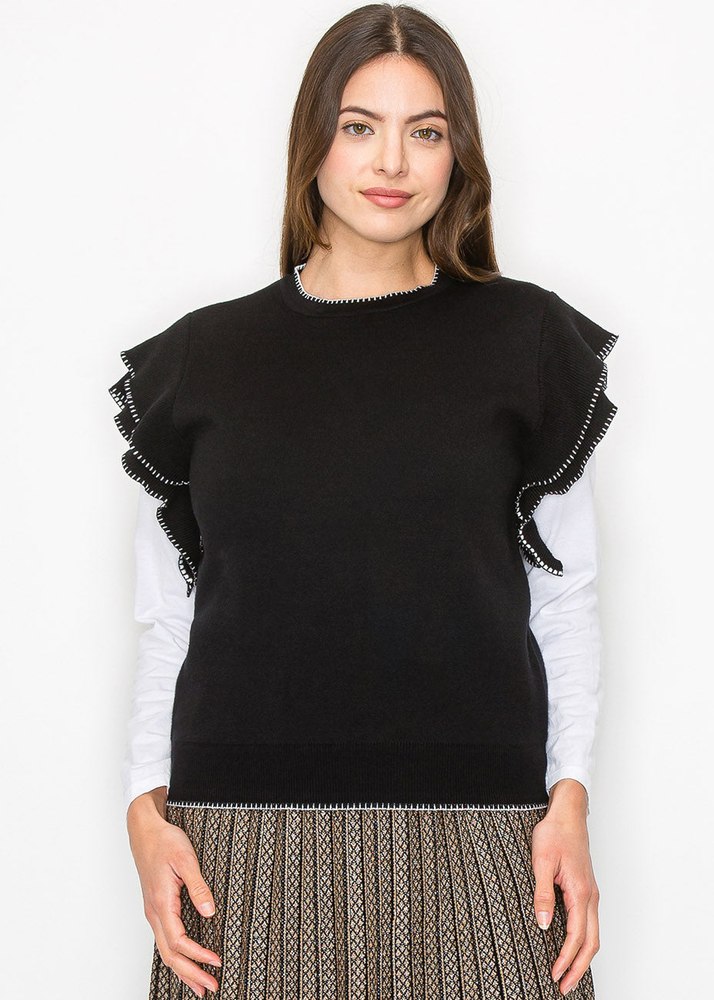 Ruffle-Accent Black Vest 7832929108028