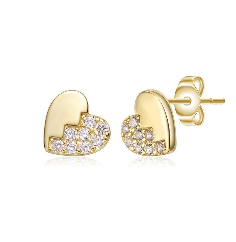 Sterling Silver 14K Gold Plated Clear Cubic Zirconia Heart Stud Earrings