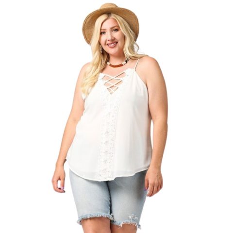Plunging V-neckline Lattice Top With Scalloped Lace 7805714694204