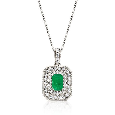 Ross-Simons Emerald and . Diamond Pendant Necklace in Sterling Silver 7805790847036