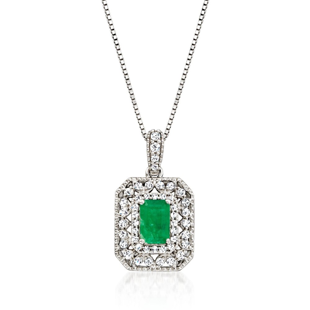 Ross-Simons Emerald and . Diamond Pendant Necklace in Sterling Silver 7805790847036
