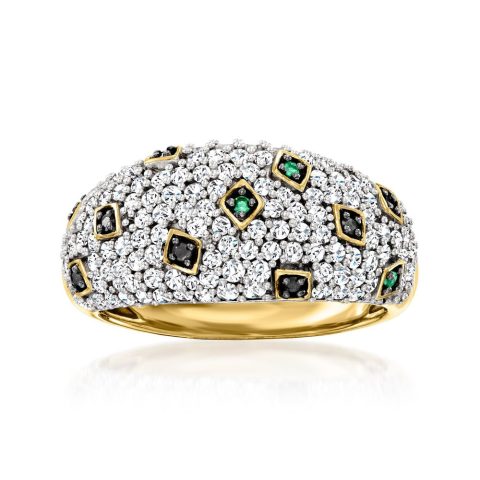 Ross-Simons White and Black Diamond Ring With Emerald Accents in 18kt Gold Over Sterling 7805791240252