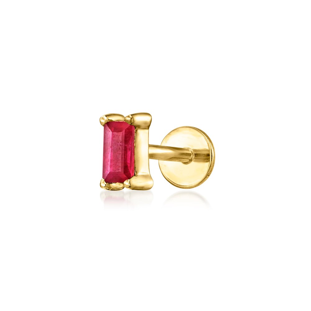RS Pure by Ross-Simons Baguette Ruby Single Flat-Back Stud Earring in 14kt Yellow Gold