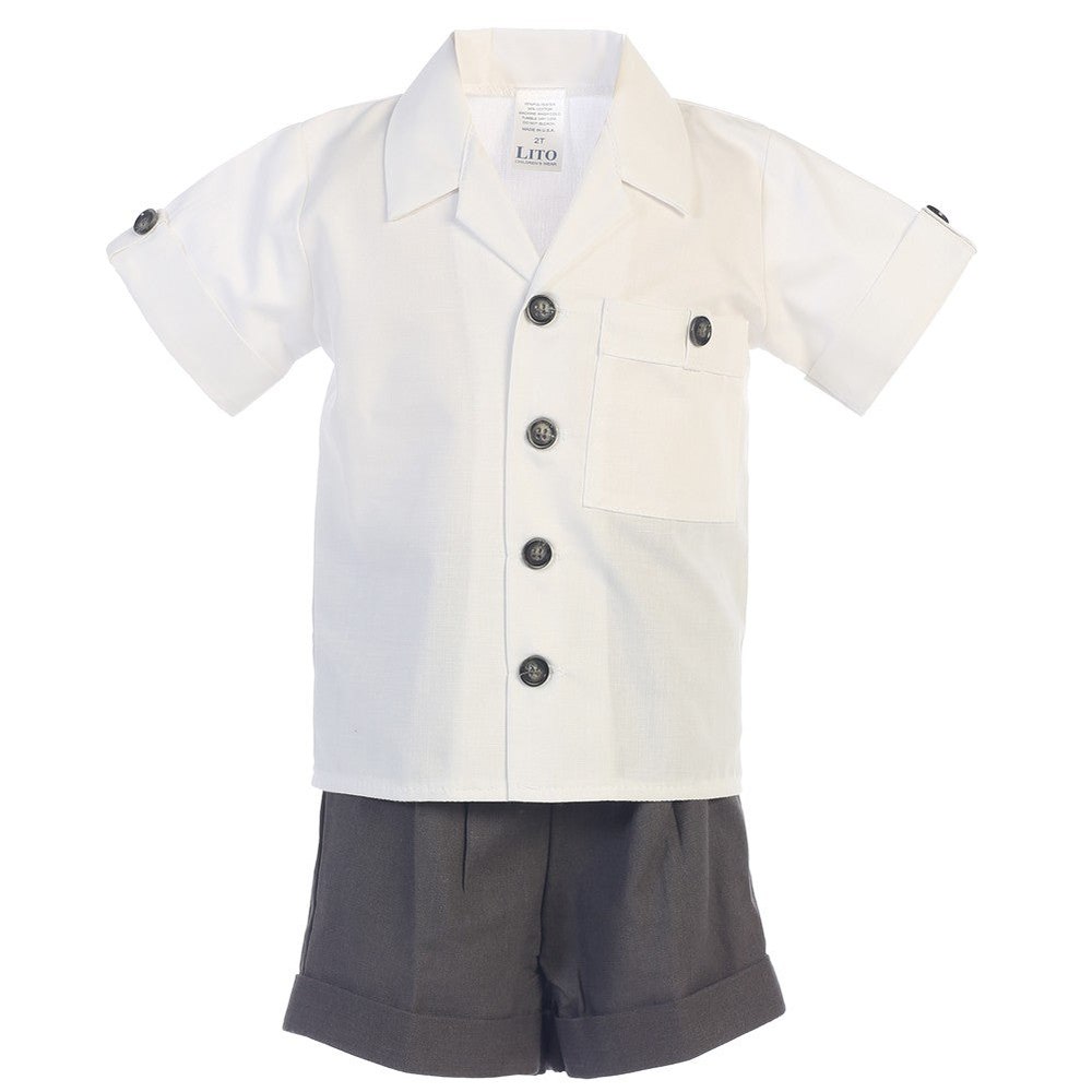 Little Boys Charcoal White Poly Cotton Shirt Rayon Linen Shorts Set 2-4T