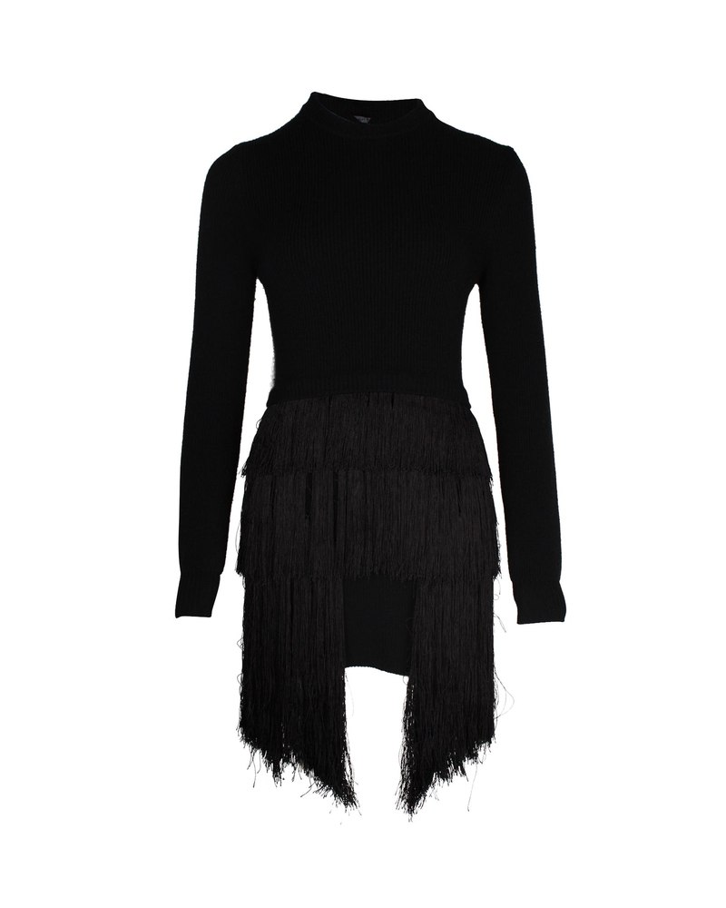 Mugler Fringed Mini Dress in Black Wool 7703704305724