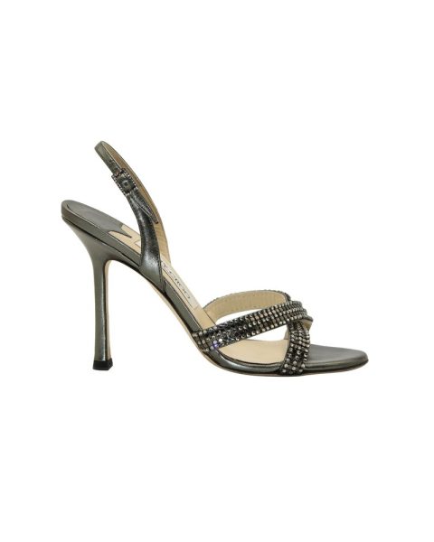 Jimmy Choo Crystal-Embellished Cross Strap Sandals in Silver Gunmetal Leather 7703705845820