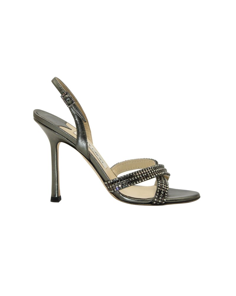 Jimmy Choo Crystal-Embellished Cross Strap Sandals in Silver Gunmetal Leather 7703705845820
