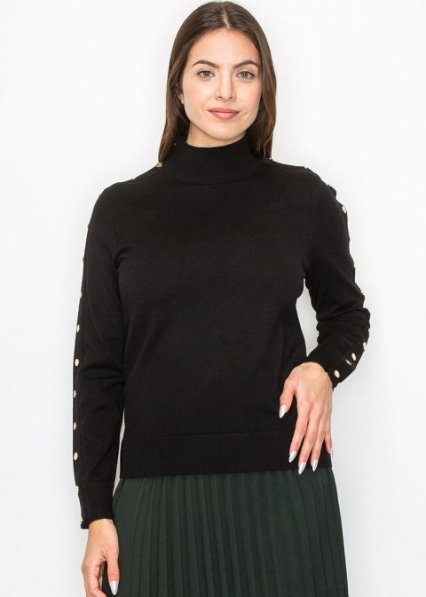 Black Buttoned Sleeve Mock Neck Top 7833009127484