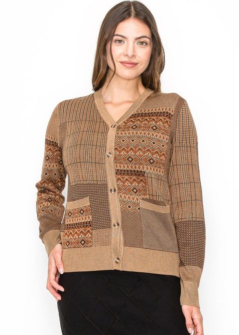 Camel Patchwork Button Cardigan 7833023873084