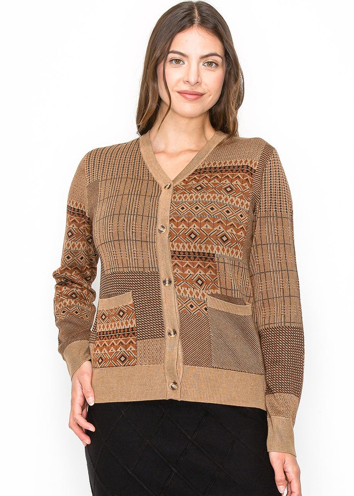 Camel Patchwork Button Cardigan 7833023873084
