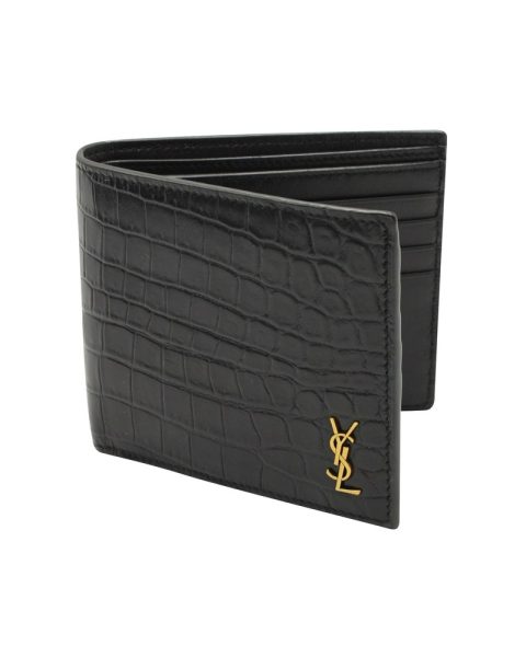 Saint Laurent YSL-Plaque Crocodile Effect Bi-Fold Wallet in Black Leather 7703707811900