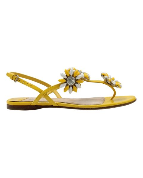 Miu Miu Embellished Flat Sandals in Yellow Leather 7703708106812