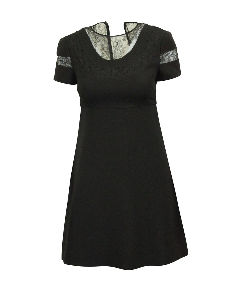 Valentino Chantilly Lace Paneled Cocktail Dress in Black Wool 7703707615292