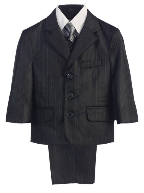 Little Boys Dark Grey Pin-Striped Jacket Vest Shirt Pant Tie Suit 2-7