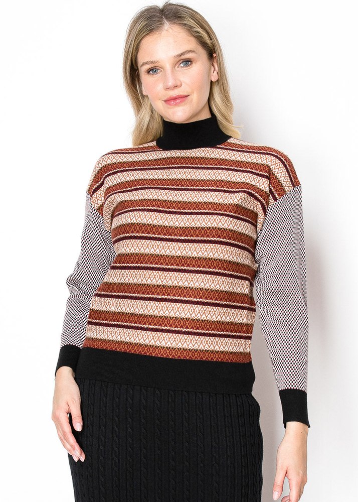 Multi-Pattern Rust and Black Sweater 7833080758332