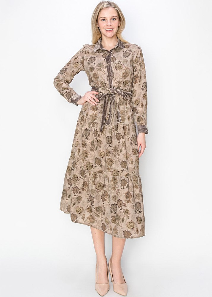 Taupe Garden Print Midi Dress 7833115295804