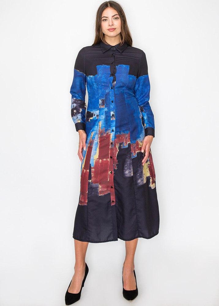 Midnight Blue Paint Stroke Shirt Dress 7833133285436