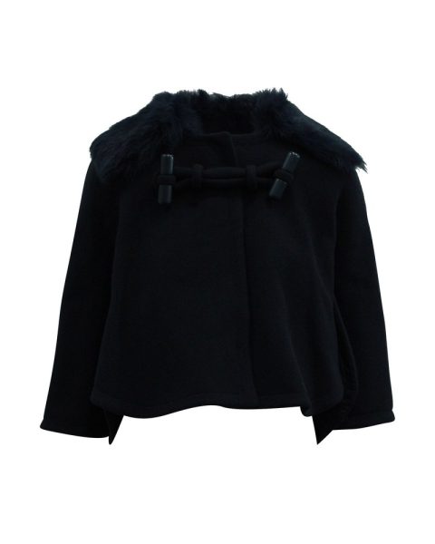 Chloe Short Coat with Fur Collar in Navy Blue Wool 7833142362172