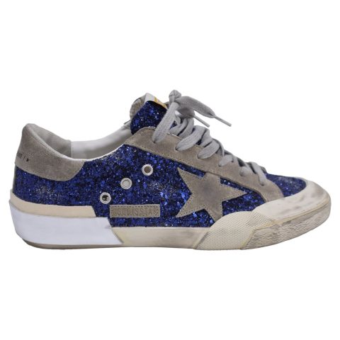 Golden Goose Super-Star with Glitters Detail Low-Top Sneakers in Blue Leather 7833142296636