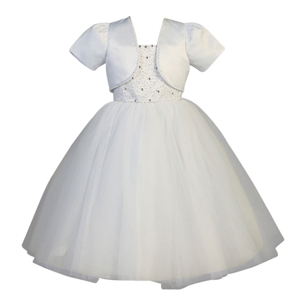 Big Girls White Beaded Satin Tulle Bolero Holy Communion Dress 7-14