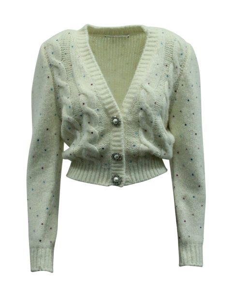 Alessandra Rich Crystal Embellished Cardigan in White Wool 7833146097724