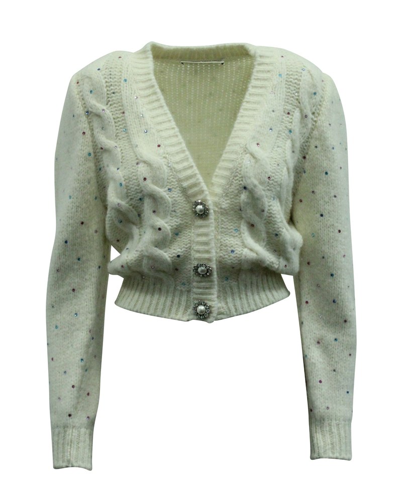 Alessandra Rich Crystal Embellished Cardigan in White Wool 7833146097724