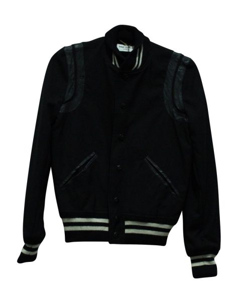 Saint Laurent Teddy Leather Trimmed Bomber Jacket in Black Wool 7833146622012