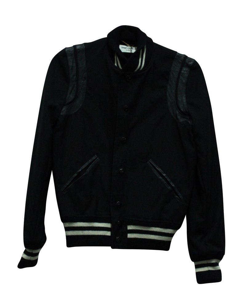 Saint Laurent Teddy Leather Trimmed Bomber Jacket in Black Wool 7833146622012