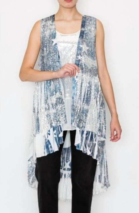 Denim Star Sequin Vest In Grey