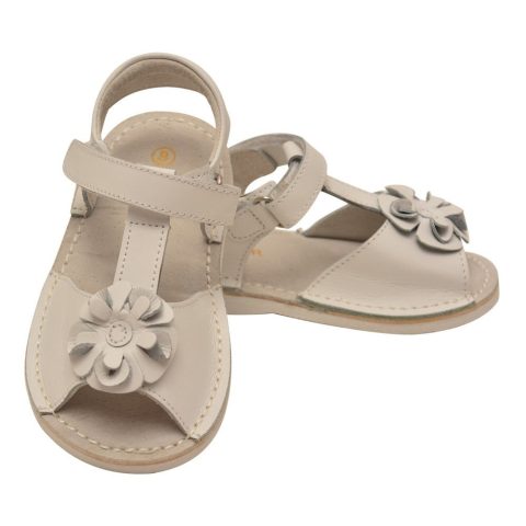 Little Girls White Curly Flower Adorned Leather Sandals 5-10 Toddler