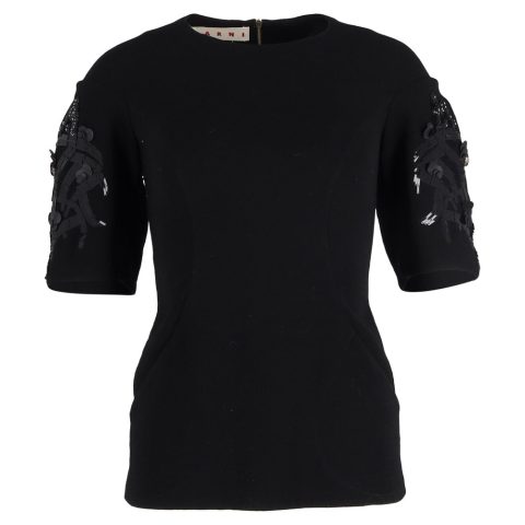 Marni Embellished Balloon Sleeve Top in Black Wool 7833149440060